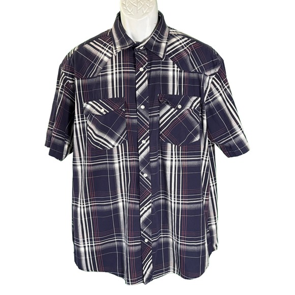 Gioberti Other - Gioberti Western Shirt Mens XL Navy Blue Plaid Short Sleeve Pearl Snap Yoke